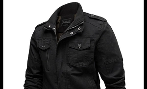 Close-up detail of black cotton canvas military jacket with stand collar and epaulets