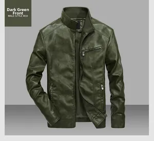 Front view of a dark green PU leather jacket with a stand collar and metallic zippers