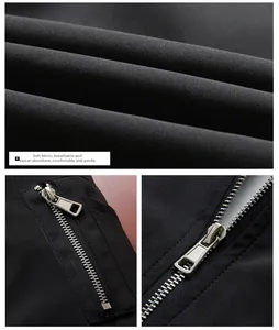 Detail view of high-density black fabric texture and reinforced metal zipper on men's jacket