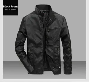 Close-up of black PU leather motorcycle jacket with stand collar and metallic zippers