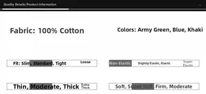 Quality details chart showing 100% cotton fabric and slim fit specs for men's shirts