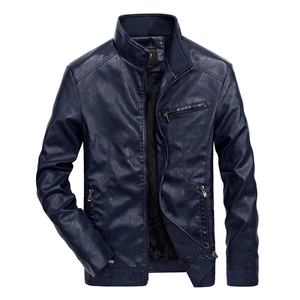 Slim fit navy blue faux leather jacket for men featuring ribbed stand collar and zippers