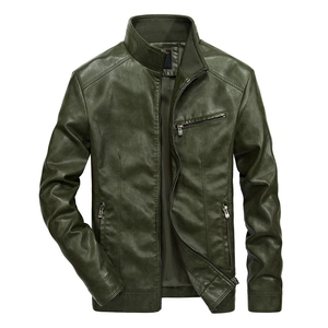 Men's dark green slim fit PU leather jacket with stand collar and zipper pockets