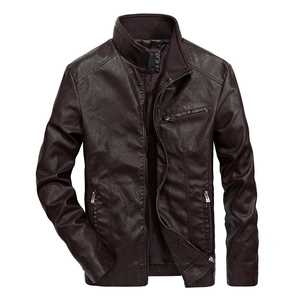 Men's slim fit PU leather jacket in dark burgundy with stand collar and zipper pockets