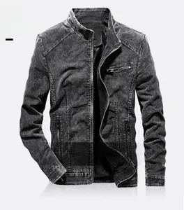 Detailed view of men's slim-fit jacket with stand collar and metallic zipper pockets
