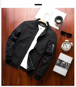 Detailed view of black slim fit bomber jacket featuring a ribbed collar and sleeve utility pocket