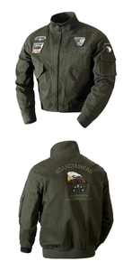 Detailed close-up of military bomber jacket embroidery and army utility pockets