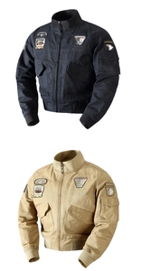Detail of military style flight jackets in black and khaki with tactical patches