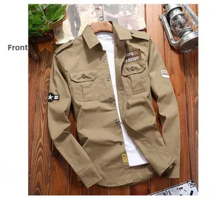 Detailed close-up of khaki military utility shirt with shoulder straps and chest patches