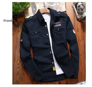 Flat lay of navy long sleeve tactical work shirt with shoulder epaulets and chest pockets