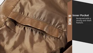 Detail view of the deep brown PU leather jacket featuring a secure inner pocket and smooth lining