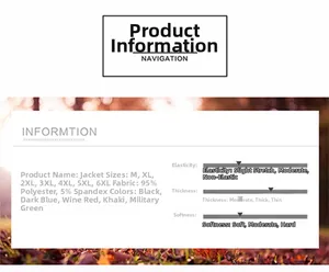 Size chart and material specs for men's jacket featuring polyester blend and five colors