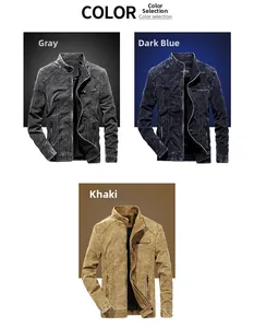 Detail view of retro washed zip jackets for men in grey, dark blue and khaki colors
