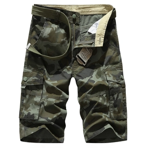 Men's camouflage cotton cargo shorts with multi-pockets and canvas belt set