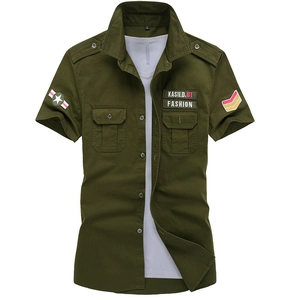 Army green slim fit short sleeve military shirt for men with shoulder straps and patches