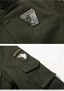 Detail of olive green jacket featuring tactical airborne patches and embroidered badges