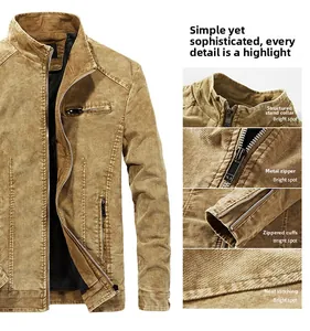 Detailed views of khaki worker jacket with stand collar, metal zippers and neat stitching