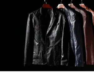 Detail view of premium PU leather jackets in black, navy, and brown colors with flap pockets
