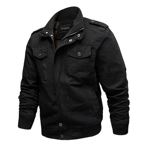 Men's black cotton workwear jacket with multi-pockets and ribbed cuffs on white background