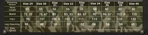 Size chart table for men's camouflage cotton cargo shorts with measurements for sizes 29 to 40