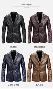 Grid view showing slim fit PU leather jackets for men in black, burgundy, navy, and khaki