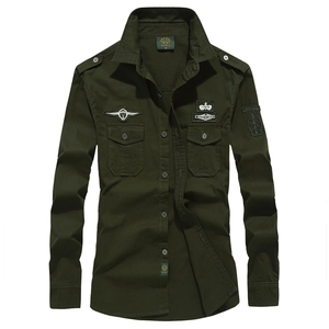 Men's military style long sleeve cargo shirt in army green with embroidered patches