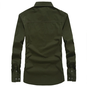 Back view of men's dark green long sleeve pure cotton shirt with a loose military style