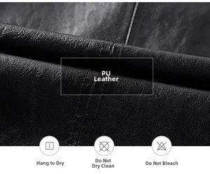 Macro shot of black PU leather texture with care icons for hanging dry and no bleaching