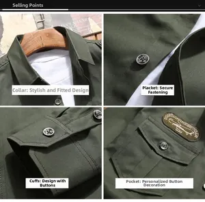Detail view of military green cargo shirt showing collar, button cuffs and tactical pocket