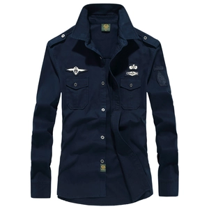 Men's navy cargo long-sleeve shirt with military shoulder straps and chest pockets