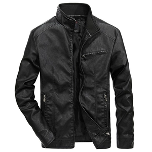 Classic men's black PU leather jacket with a stand collar and multiple functional zippers