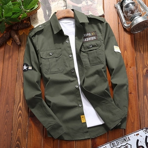 Men Cotton Long Sleeve Workwear Shirt Military Style Casual Button Down Top With Chest Pockets Epaulettes For Outdoor Daily