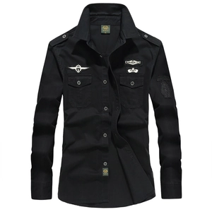 Men's black long sleeve tactical cotton shirt with military badges and dual chest pockets