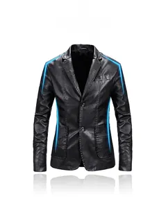 Detail of men black leather blazer showing stereoscopic tailoring and slim fit cut