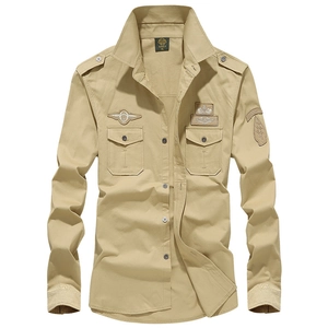 Men's khaki long sleeve tactical cargo shirt with military embroidery patches and epaulets
