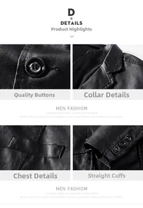 Detailed views of the polished buttons, lapel, and premium PU leather texture on black jacket