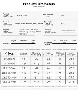 Size chart and measurement guide for men's PU leather jacket from sizes M to 4XL