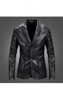 Detail shot of men's slim fit black PU leather blazer with lapel and dual buttons