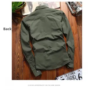 Back view of a men's olive green long-sleeve cotton military shirt with back yoke detail