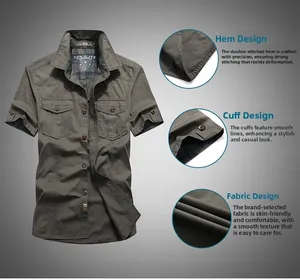 Detail of army green short sleeve cotton shirt featuring double chest pockets and reinforced hem