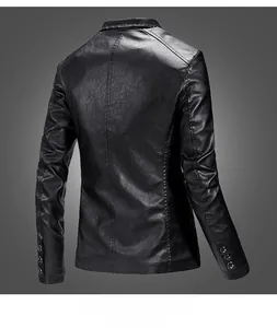 Slim fit black PU leather jacket for men featuring back view detail and cuff buttons