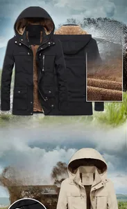 Close-up of winter fleece lining and multi-pocket detail on hooded windproof jacket