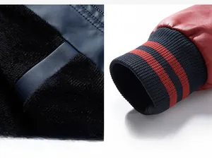 Detail view of thickened fleece lining and ribbed knit cuffs on men's PU leather jacket
