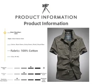 Infographic showing military green short sleeve cotton shirt features and fabric details