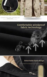 Detail of hooded windproof jacket featuring fleece lining and multi-pocket design for men