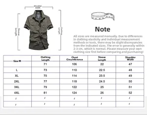 Detailed size chart for men's short sleeve cotton work shirt covering sizes M to 4XL