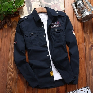 Men's navy blue long sleeve cotton cargo shirt with chest pockets and outdoor military style
