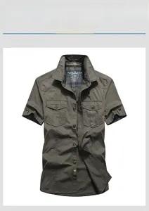 Detail view of army green cotton short sleeve work shirt with double chest pockets