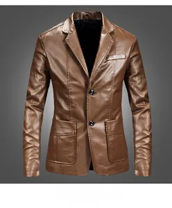 Detail view of brown faux leather jacket texture and large front pockets for men