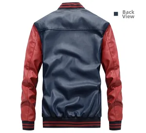 Back view of a blue and red faux leather varsity jacket with striped ribbed trims